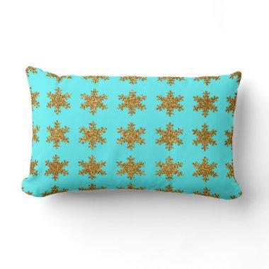 Gold Glitter Snowflakes Patterns Turquoise Blue Lumbar Pillow