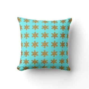 Gold Glitter Snowflakes Patterns Turquoise Blue Outdoor Pillow