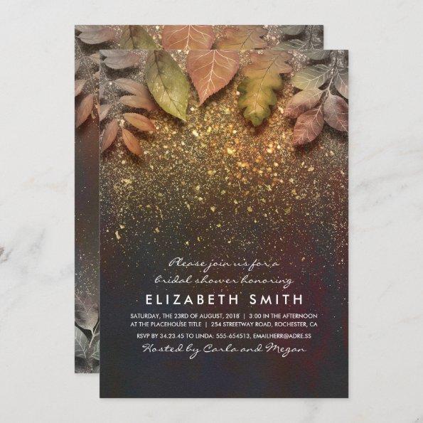 Gold Glitter Vintage Fall Leaves Bridal Shower Invitations