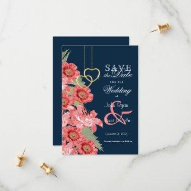 Gold Heart, Navy and Coral Flowers - Save The Date