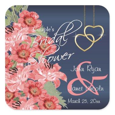 Gold Hearts on Coral & Navy Satin - Bridal Shower Square Sticker