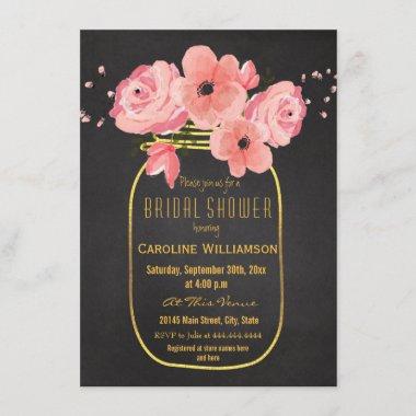 Gold Mason Jar Flowers Chalkboard Bridal Shower Invitations