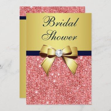 Gold Navy Coral Sequins Diamonds Bow Bridal Shower Invitations
