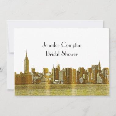 Gold NYC Skyline 01 Etched Wht Bridal Shower Invitations