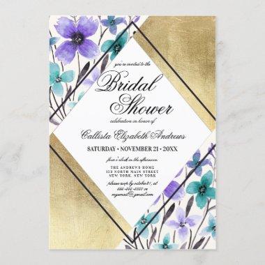 Gold Purple Teal Flower Watercolor Bridal Shower Invitations