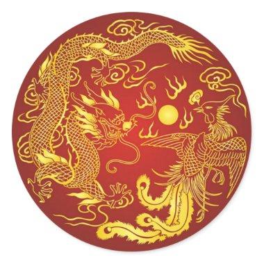 Gold Red Dragon Phoenix Chinese Wedding Favor Classic Round Sticker