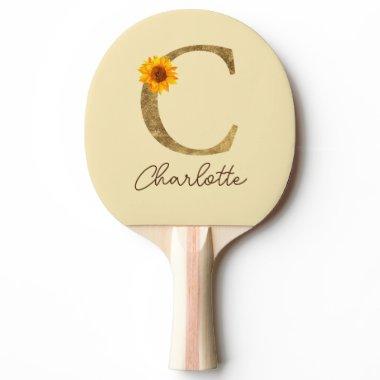Gold Rustic Sunflower Letter C Monogram Initial Ping Pong Paddle