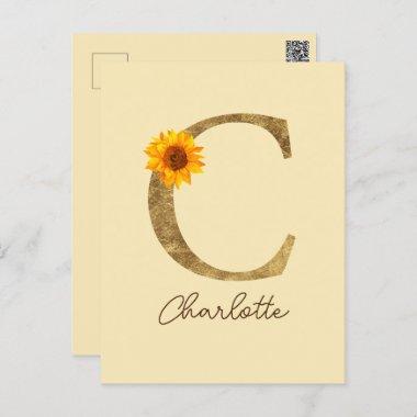 Gold Rustic Watercolor Sunflower Letter C Monogram PostInvitations