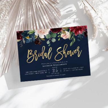 Gold script navy blue floral bridal shower Invitations