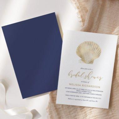 Gold Seashell Navy Blue Beach Bridal Shower Invitations