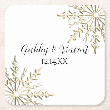 Gold Snowflakes on White Winter Wedding Square Paper Coaster