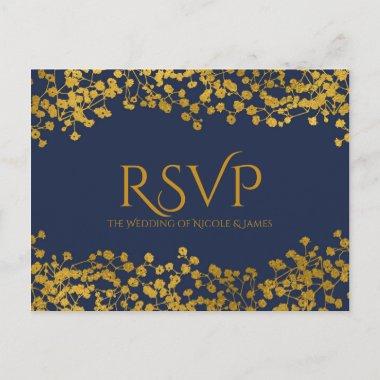 Gold Tone Baby's Breath Blue Elegant Floral RSVP Invitation PostInvitations