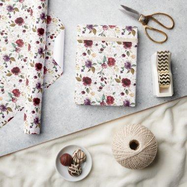 Gold Wine Burgundy Floral Pattern Wrapping Paper