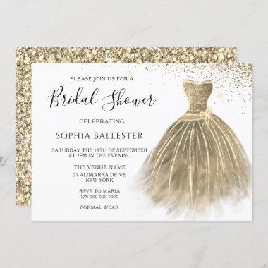 Golden Sepia Gold Glitter Gown Dress Bridal Shower Invitations