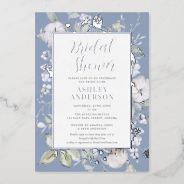 Gorgeous Dusty Blue Botanical Bridal Shower Silver Foil Invitations