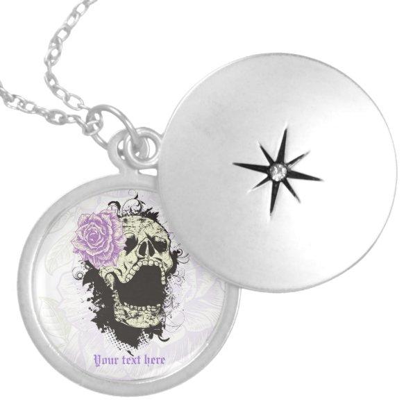 Goth skull with vintage purple rose necklace