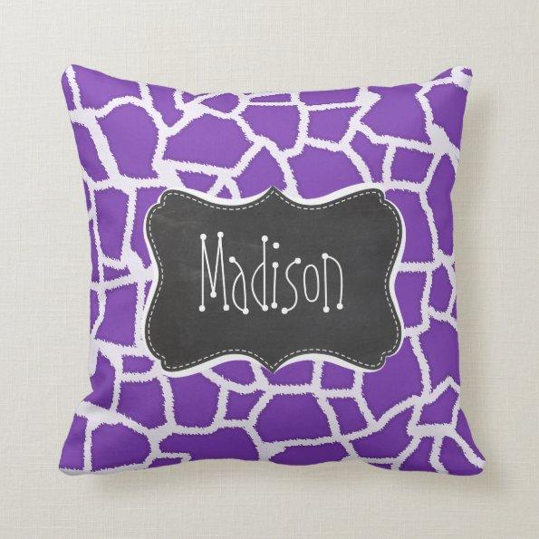 Grape Purple Giraffe Animal Print; Chalkboard look Throw Pillow