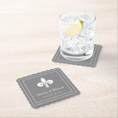 Gray Fleur de Lis Wedding Paper Coasters