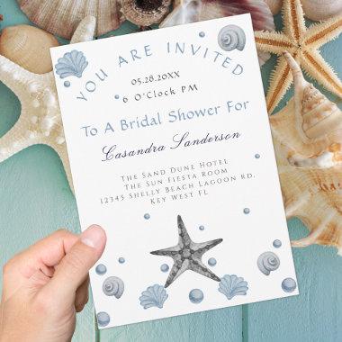 Gray Starfish Blue Shells Beach Bridal Shower Invitations