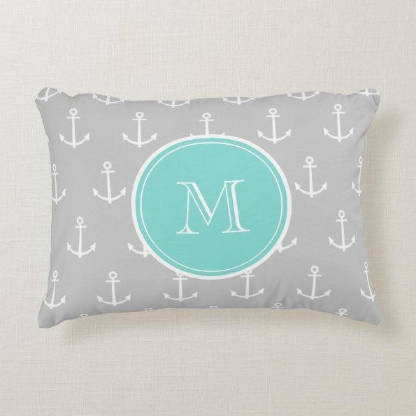 Gray White Anchors Pattern, Mint Monogram Accent Pillow