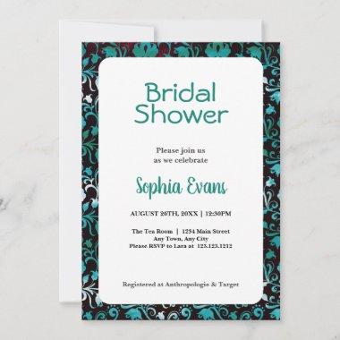 Green and Silver Floral White Bridal Shower Invitations