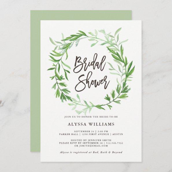 Green Botanical Leaves Wreath Bridal Shower Invitations