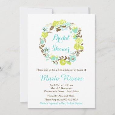 Green & Brown Floral Wreath Bridal Shower Invitations