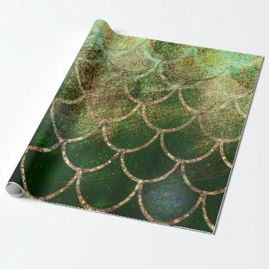 Green & Gold Shimmer Mermaid Fish Scales Wrapping Paper