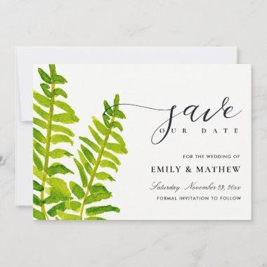 GREEN GOLD WATERCOLOUR FERN FOLIAGE SAVE THE DATE