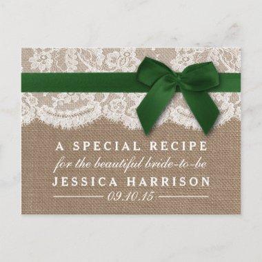 Green Ribbon On Burlap & Lace Bridal Shower Recipe Invitation PostInvitations