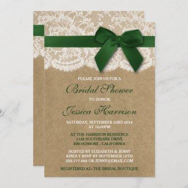 Green Ribbon On Kraft & Lace Bridal Shower Invitations