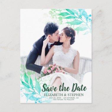 Green Watercolor Leaf Wedding Save The Date Photo PostInvitations