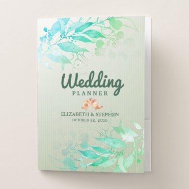 Green Watercolor Leaves Flower Wedding Planner Pocket Folder