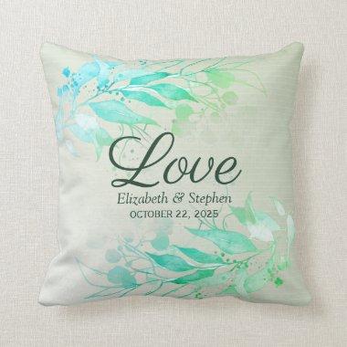 Green Watercolor Leaves Flowers Botanical Wedding Throw Pillow