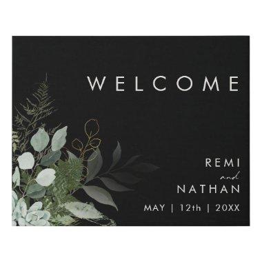 Greenery and Gold Leaf | Black Welcome Faux Canvas