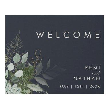Greenery and Gold Leaf | Navy Welcome Faux Canvas