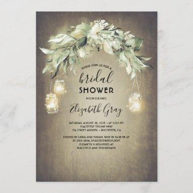 Greenery Mason Jar Lights Rustic Bridal Shower Invitations