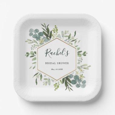 Greenery Watercolor Gold Hexagon Bridal Shower Paper Plates