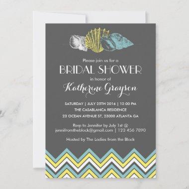 Grey Chevron Seashells Bridal Shower Invitations