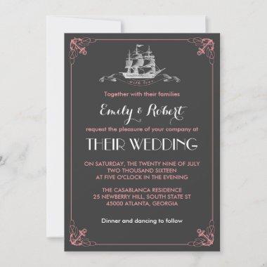 Grey Pink Vintage Ship Anchor Wedding Invitations