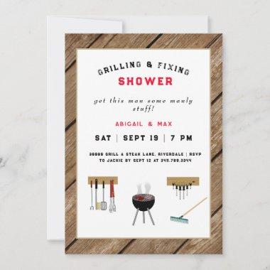 Grilling & Fixing Couples Wedding Shower Rustic Invitations