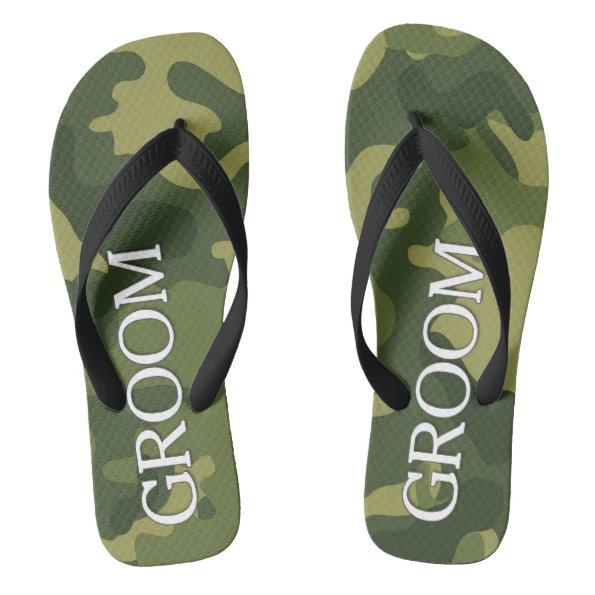 Groom with Green Camoflauge Pattern Flip Flops
