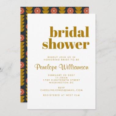 Groovy Retro 70s Botanical Blue Gold Bridal Shower Invitations