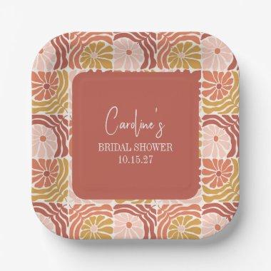 Groovy Retro Pink Rust Floral Custom Bridal Shower Paper Plates