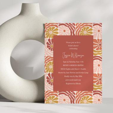 Groovy Retro Pink Rust Floral Cute Bridal Shower Invitations