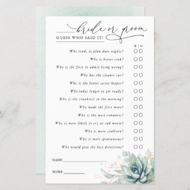 Guess Who Bride or Groom - Succulents Game Invitations