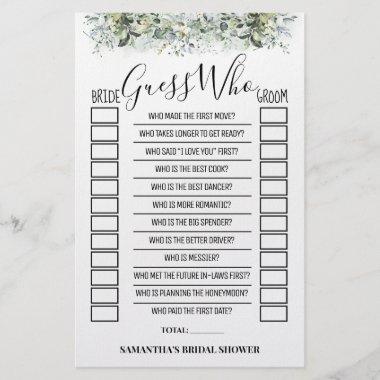 Guess Who Eucalyptus Bridal Shower Game Invitations Flyer