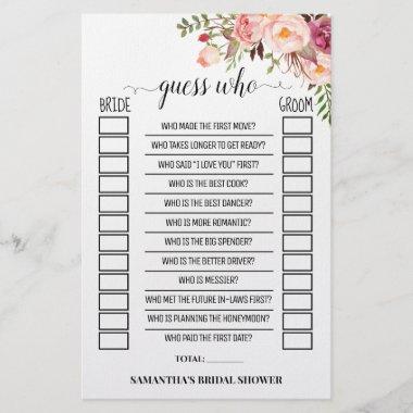 Guess Who Pink Flowers Bridal Shower Game Invitations Flyer