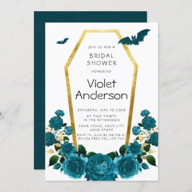 Halloween Teal Gold Coffin Florals Bridal Shower Invitations