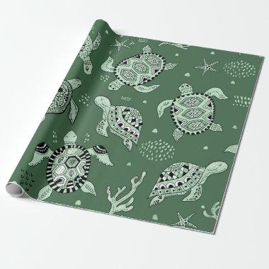 Hand drawn doodling sea turtle ethnic pattern wrapping paper